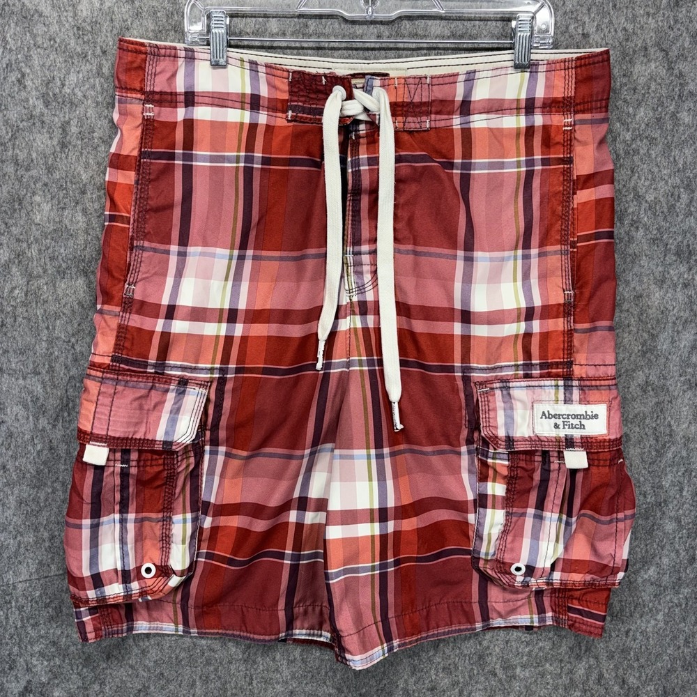 Vintage Y2K Abercrombie Plaid Swim Trunk Board Shorts Men's Medium Baggy Red